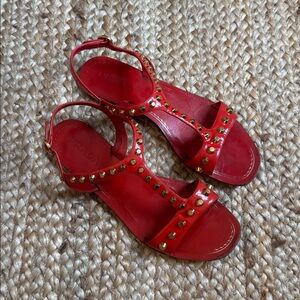 Prada 40 Red Patent Gold Stud Mary Jane Sandal Shoes